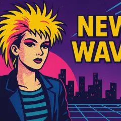 Chica con pelo rubio y rosa, vestida con chaqueta y camiseta a rayas, frente a un paisaje urbano retro y el texto "NEW WAVE".