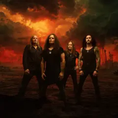 Los miembros de Kreator posan ante un cielo apocalíptico de fuego y humo.