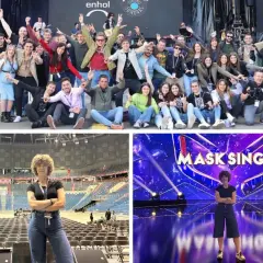 Un grupo celebra en un festival, una mujer posa en un estadio vacío y otra en el escenario de "Mask Singer". Posiblemente la manager de cantantes en acción.