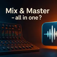 Consola de mezcla y un icono de onda sonora. El texto dice "Mix & Master - all in one?". Entender el significado de ppm es clave para la producción musical.