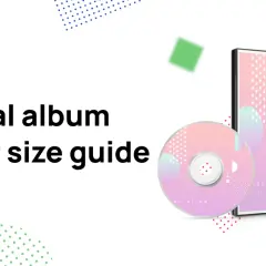 Guía de tamaño de portada de álbum digital. Un CD y su estuche, con un diseño abstracto degradado rosa y morado.