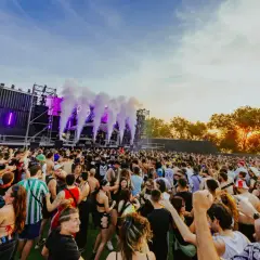 Multitud bailando en un festival al atardecer, con humo y luces moradas saliendo del escenario. ¡Un ambiente genial para los parkineos de donde es!