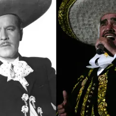 Dos icónicos cantantes mexicanos con sombreros charros: uno joven y elegante, el otro en pleno concierto.