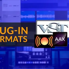 Logos de formatos de plug-in, incluyendo VST, AAX y uno con ondas de sonido. El texto "PLUG-IN FORMATS" aparece en naranja.