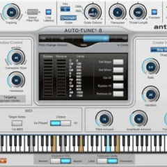 Interfaz de Auto-Tune 8. Muestra cómo funciona el autotune con controles para corrección de tono, vibrato y escala.