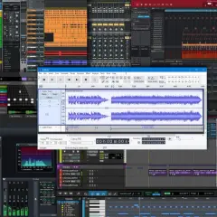 Múltiples programas de producción musical abiertos, mostrando pistas, efectos y formas de onda. Un vistazo al proceso creativo detrás de los proyectos musicales.