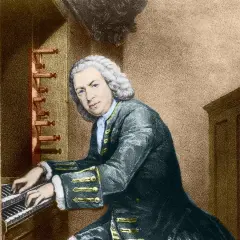 Johann Sebastian Bach, tocando el órgano, quizás componiendo su obra más famosa de Bach.