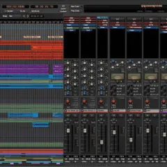 Interfaz de software para programas para hacer música electrónica, mostrando pistas de audio, faders y efectos.
