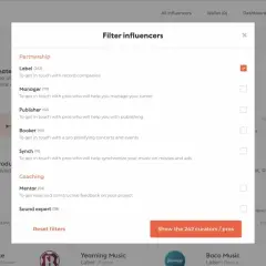 Filtro de influencers para contactar con un sello discográfico y otros profesionales.