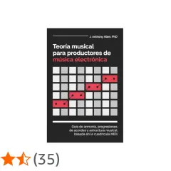 Libro "Teoría musical para productores de música electrónica", con una cuadrícula MIDI y una línea de notas rojas. Explora los tipos de música electrónica.