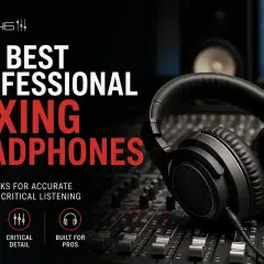 Auriculares para mezclar profesionales en una mesa de mezclas, destacando sonido preciso y detalle crítico.