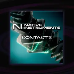 El logo de Native Instruments con el texto "KONTAKT 8" sobre formas abstractas de cristal y un fondo oscuro con anillos morados.