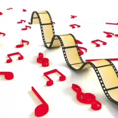 Una película se entrelaza con notas musicales rojas, ilustrando cómo es la música incidental, que acompaña y realza la narrativa visual.