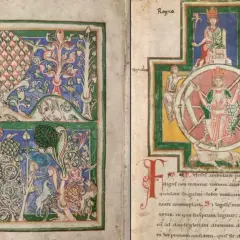 Manuscrito medieval con ilustraciones vibrantes. La página izquierda muestra flora y fauna fantásticas. La derecha, la Rueda de la Fortuna, clave para el significado de Carmina Burana.