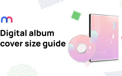 Guía de tamaño de portada de álbum digital. Un CD y su estuche, con un diseño abstracto degradado rosa y morado.