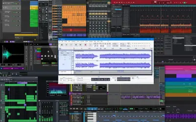 Múltiples programas de producción musical abiertos, mostrando pistas, efectos y formas de onda. Un vistazo al proceso creativo detrás de los proyectos musicales.