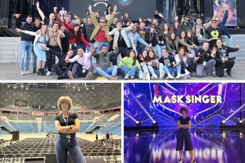Un grupo celebra en un festival, una mujer posa en un estadio vacío y otra en el escenario de "Mask Singer". Posiblemente la manager de cantantes en acción.