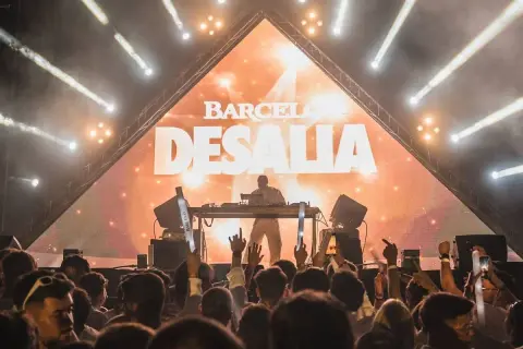 DJ en el escenario de Desalia, con luces y público animado. ¡Así es Desalia!