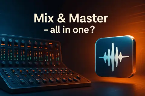 Consola de mezcla y un icono de onda sonora. El texto dice "Mix & Master - all in one?". Entender el significado de ppm es clave para la producción musical.