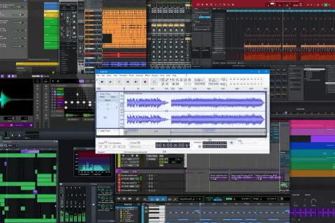 Interfaz de software para grabar canciones online, mostrando pistas de audio, efectos y secuenciador.