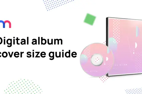 Guía de tamaño de portada de álbum digital. Un CD y su estuche, con un diseño abstracto degradado rosa y morado.