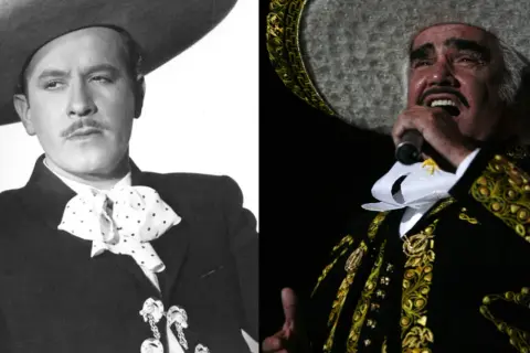 Dos icónicos cantantes mexicanos con sombreros charros: uno joven y elegante, el otro en pleno concierto.