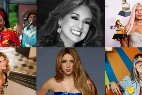 Seis artistas colombianos famosos: Totó la Momposina, Marbelle, Karol G, Greeicy Rendón, Shakira y Andrea Echeverri.