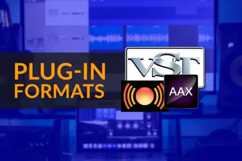 Logos de formatos de plug-in, incluyendo VST, AAX y uno con ondas de sonido. El texto "PLUG-IN FORMATS" aparece en naranja.