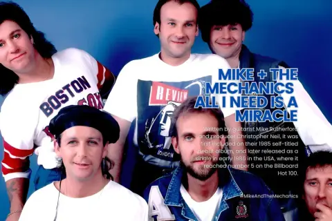 Miembros de Mike + The Mechanics posan para una foto promocional. El texto destaca su éxito "All I Need Is a Miracle".