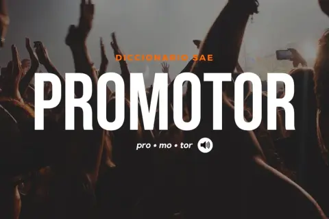 La palabra "PROMOTOR" en letras grandes sobre una multitud animada. Un promotor organiza eventos para la gente.