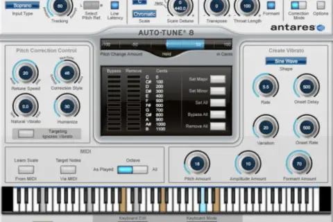 Interfaz de Auto-Tune 8. Muestra cómo funciona el autotune con controles para corrección de tono, vibrato y escala.