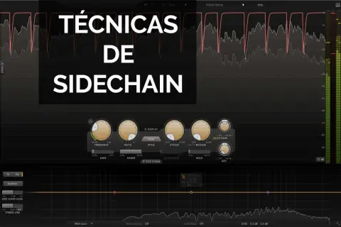 Interfaz de audio mostrando "Técnicas de Sidechain" con controles de compresor y un gráfico de ecualización.