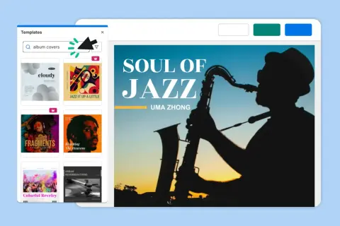 Plantilla de portada de música fácil: un saxofonista en silueta contra un atardecer.