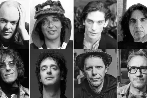 Ocho cantantes argentinos de los 90: Charly García, Pescado, Fito Páez, Luis Alberto Spinetta, Gustavo Cerati, Andrés Calamaro, Pappo y Vicentico.