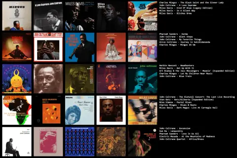 Los mejores discos de jazz: portadas icónicas de John Coltrane, Miles Davis, Charles Mingus y más.