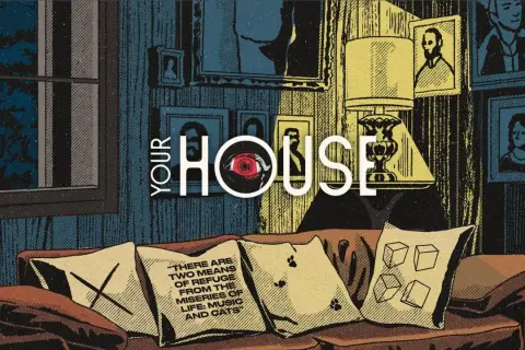 Sofá con cojines, uno con cita sobre refugio, otro con huellas de gato. El texto "YOUR HOUSE" y un ojo rojo sugieren diferentes tipos de música house.