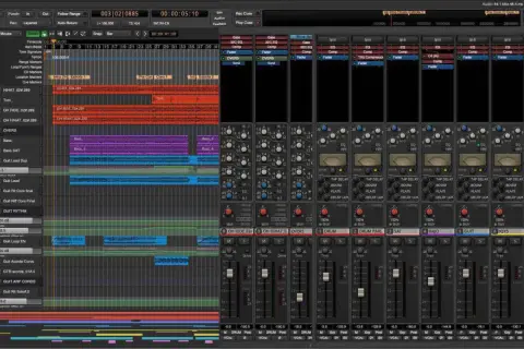 Interfaz de software para programas para hacer música electrónica, mostrando pistas de audio, faders y efectos.