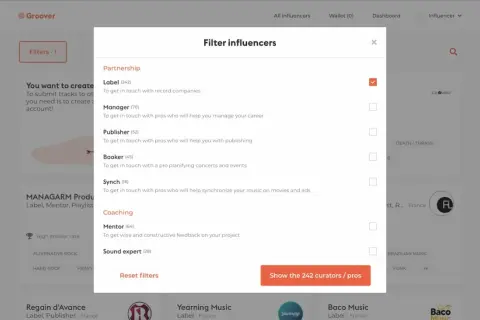 Filtro de influencers para contactar con un sello discográfico y otros profesionales.