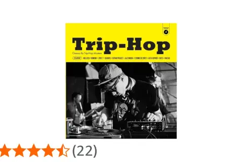 DJ mezclando vinilos, portada de álbum "Trip-Hop Classics By Trip-Hop Masters" con nombres de grupos como Bonobo y Gotan Project.
