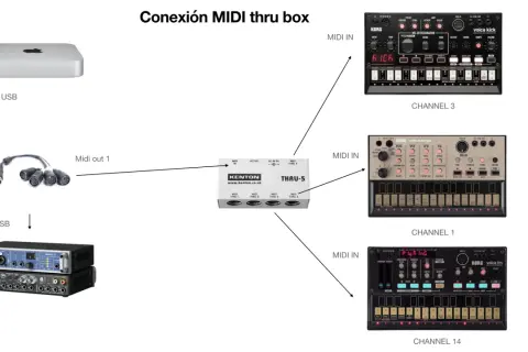 Diagrama de conexión MIDI thru box: un Mac mini se conecta vía USB a una interfaz de audio, y su salida MIDI se dirige a una caja Kenton THRU-5. Esta caja distribuye la señal a varios sintetizadores Korg Volca.