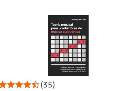 Libro "Teoría musical para productores de música electrónica", con una cuadrícula MIDI y una línea de notas rojas. Explora los tipos de música electrónica.