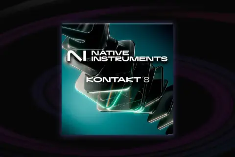 El logo de Native Instruments con el texto "KONTAKT 8" sobre formas abstractas de cristal y un fondo oscuro con anillos morados.