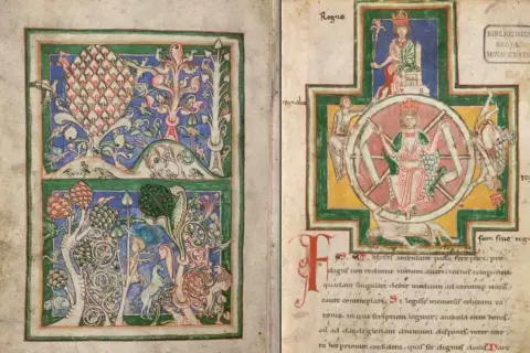 Manuscrito medieval con ilustraciones vibrantes. La página izquierda muestra flora y fauna fantásticas. La derecha, la Rueda de la Fortuna, clave para el significado de Carmina Burana.