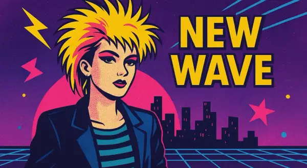 Chica con pelo rubio y rosa, vestida con chaqueta y camiseta a rayas, frente a un paisaje urbano retro y el texto "NEW WAVE".