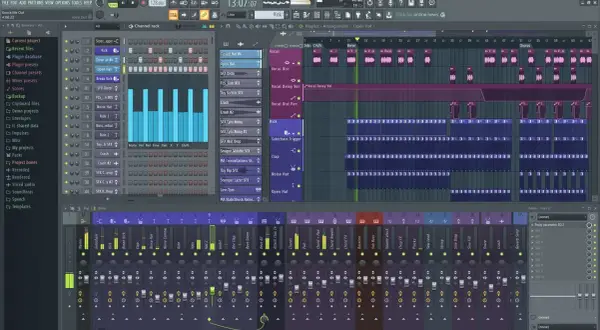 Interfaz de Fl Studio con pistas de audio y MIDI, mostrando cómo organizar un proyecto musical. Ideal para quienes buscan plugins Fl Studio gratis.