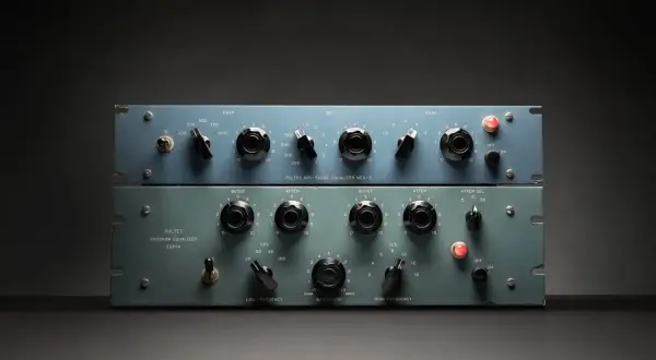 Dos procesadores de dinámica vintage, un Pultec MEQ-5 y un EQP-1A, con sus perillas y selectores listos para dar forma al sonido.