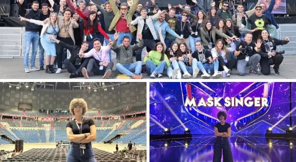 Un grupo celebra en un festival, una mujer posa en un estadio vacío y otra en el escenario de "Mask Singer". Posiblemente la manager de cantantes en acción.