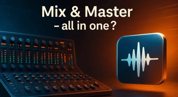 Consola de mezcla y un icono de onda sonora. El texto dice "Mix & Master - all in one?". Entender el significado de ppm es clave para la producción musical.