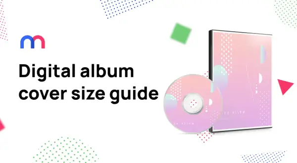 Guía de tamaño de portada de álbum digital. Un CD y su estuche, con un diseño abstracto degradado rosa y morado.