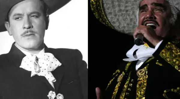 Dos icónicos cantantes mexicanos con sombreros charros: uno joven y elegante, el otro en pleno concierto.